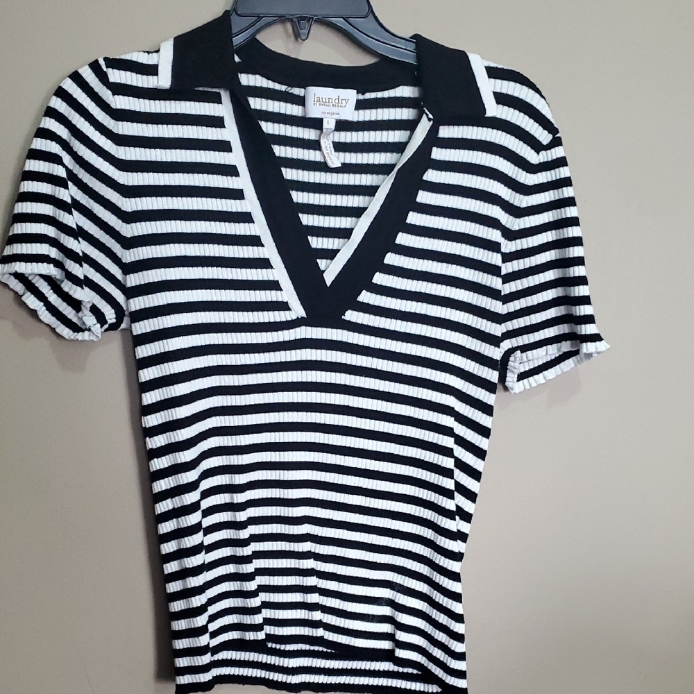 Laundry By Shelli Segal Black and White Fitted Polo Tee
